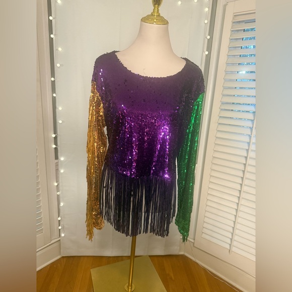 Hausen Tops - 💜💛💚 Hausen Sequin Fringe Statement Top – Size Medium 💜💛💚